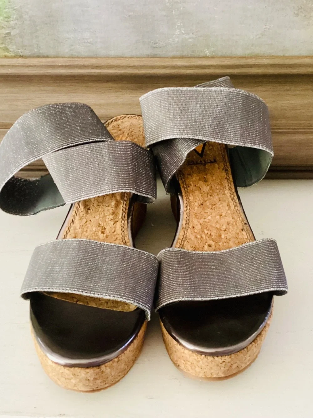 Volatile Silver Elastic Ankle Strap Wedge Cork Platforms Women’s Size 8 Stretch